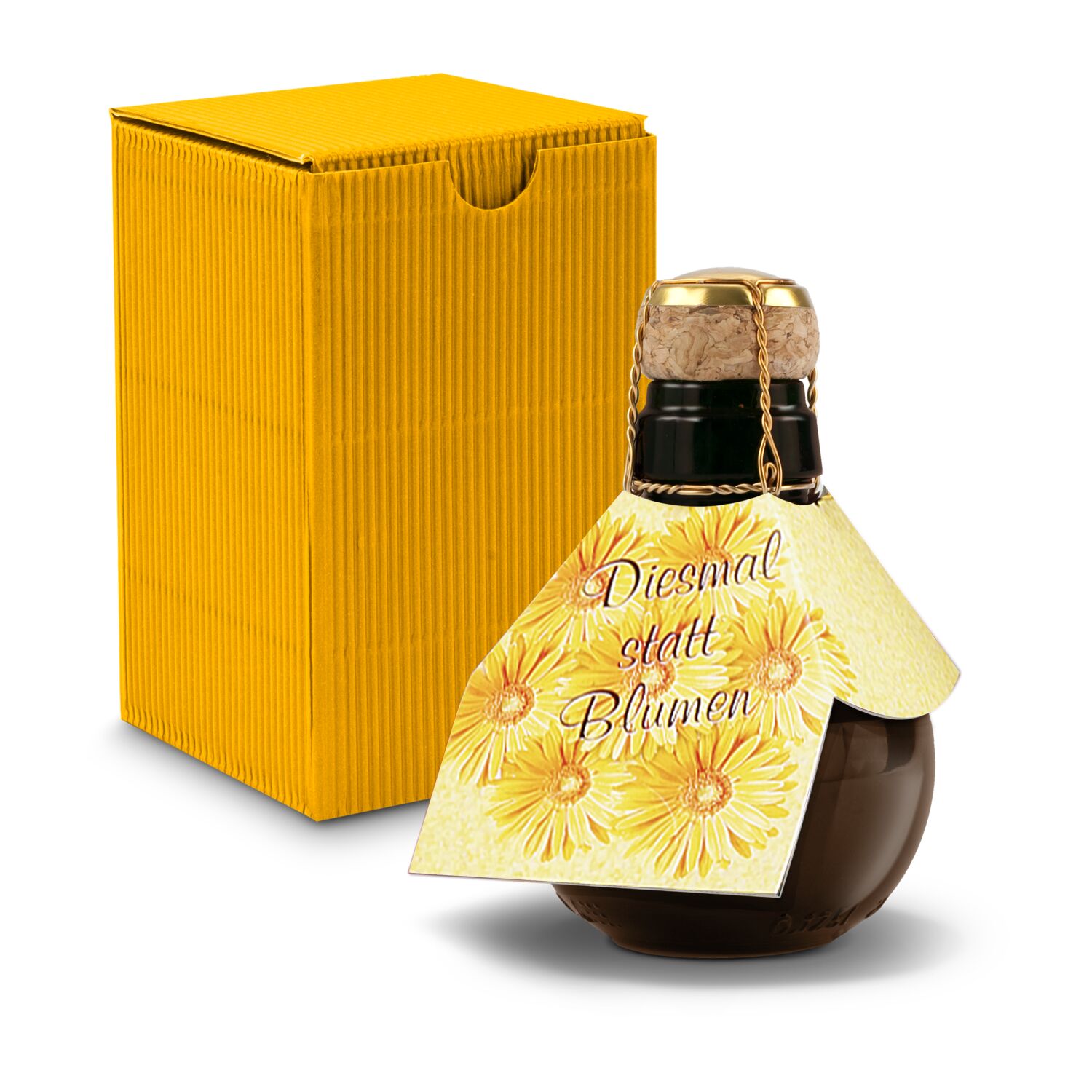 Kleinste Sektflasche der Welt! Diesmal statt Blumen - Inklusive Geschenkkarton in Gelb, 125 ml
