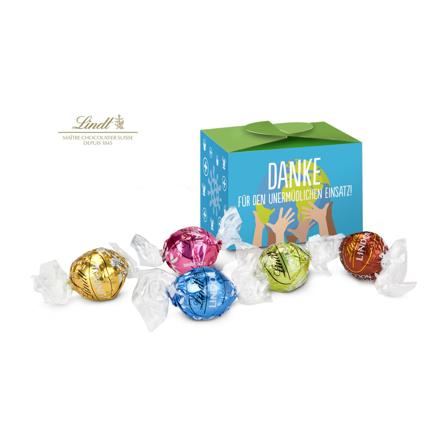 Geschenkartikel / Präsentartikel: Lindt süßes Danke, Pralinenschachtel mit Globus, 5 Lindorkugeln für Ihre Mitarbeiter (ca. 75 g)