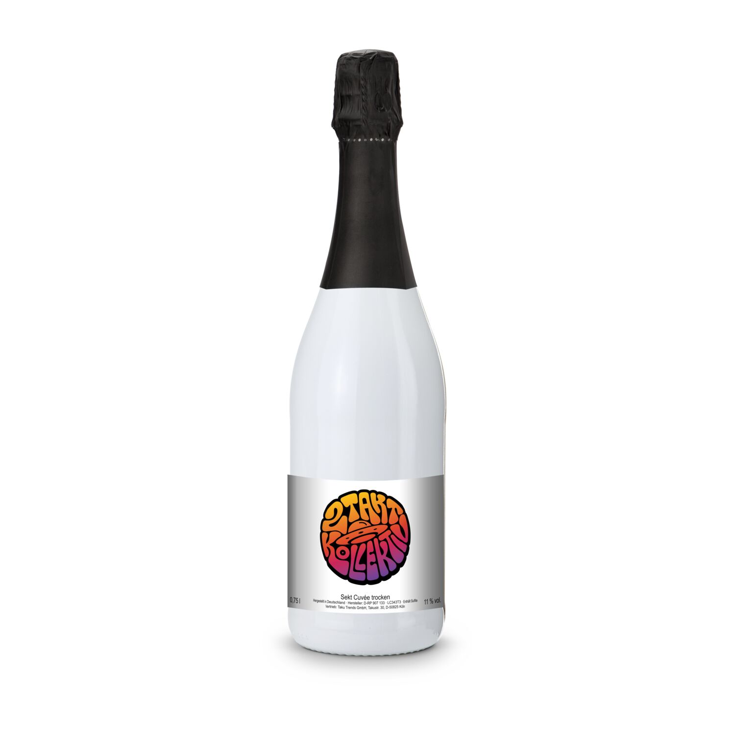 Sekt Cuvée - Flasche weiß-lackiert - Kapselfarbe Schwarz, 0,75 l