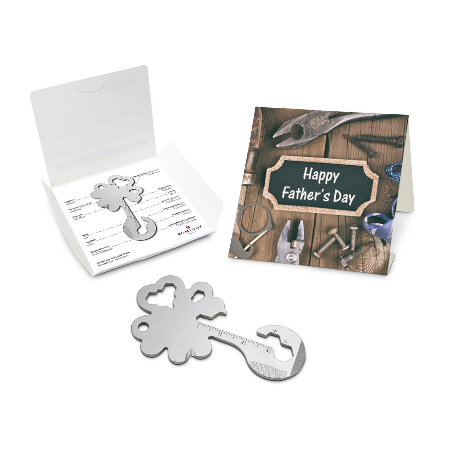 Geschenkartikel: ROMINOX® Key Tool Lucky Charm / Kleeblatt Glücksbringer (19 Funktionen) im Motiv-Mäppchen Happy Father's Day