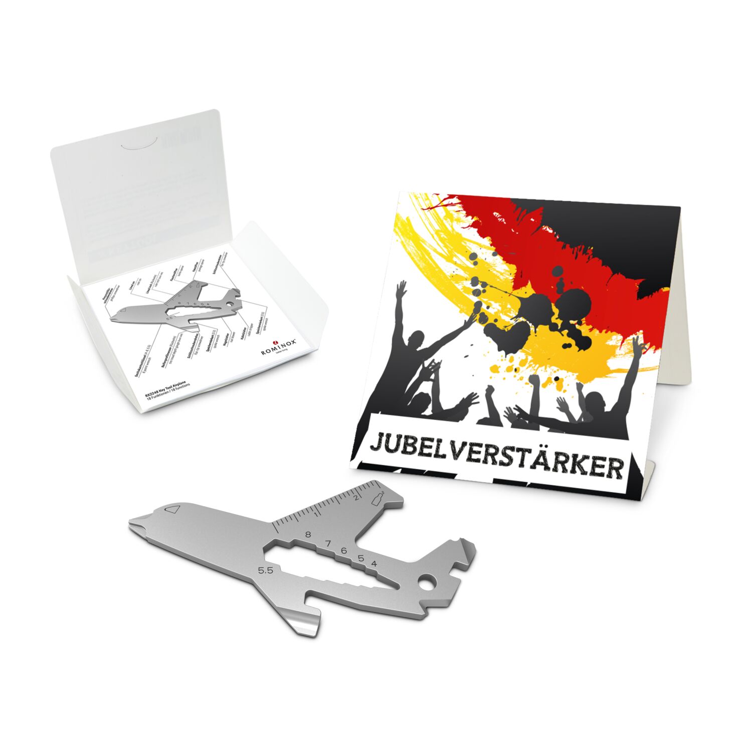 Geschenkartikel: ROMINOX® Key Tool Airplane / Flugzeug (19 Funktionen) im Motiv-Mäppchen Deutschland Fan Jubelverstärker