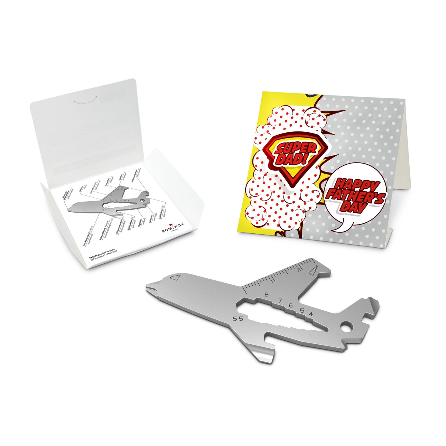 Geschenkartikel: ROMINOX® Key Tool Airplane / Flugzeug (19 Funktionen) im Motiv-Mäppchen Super Dad