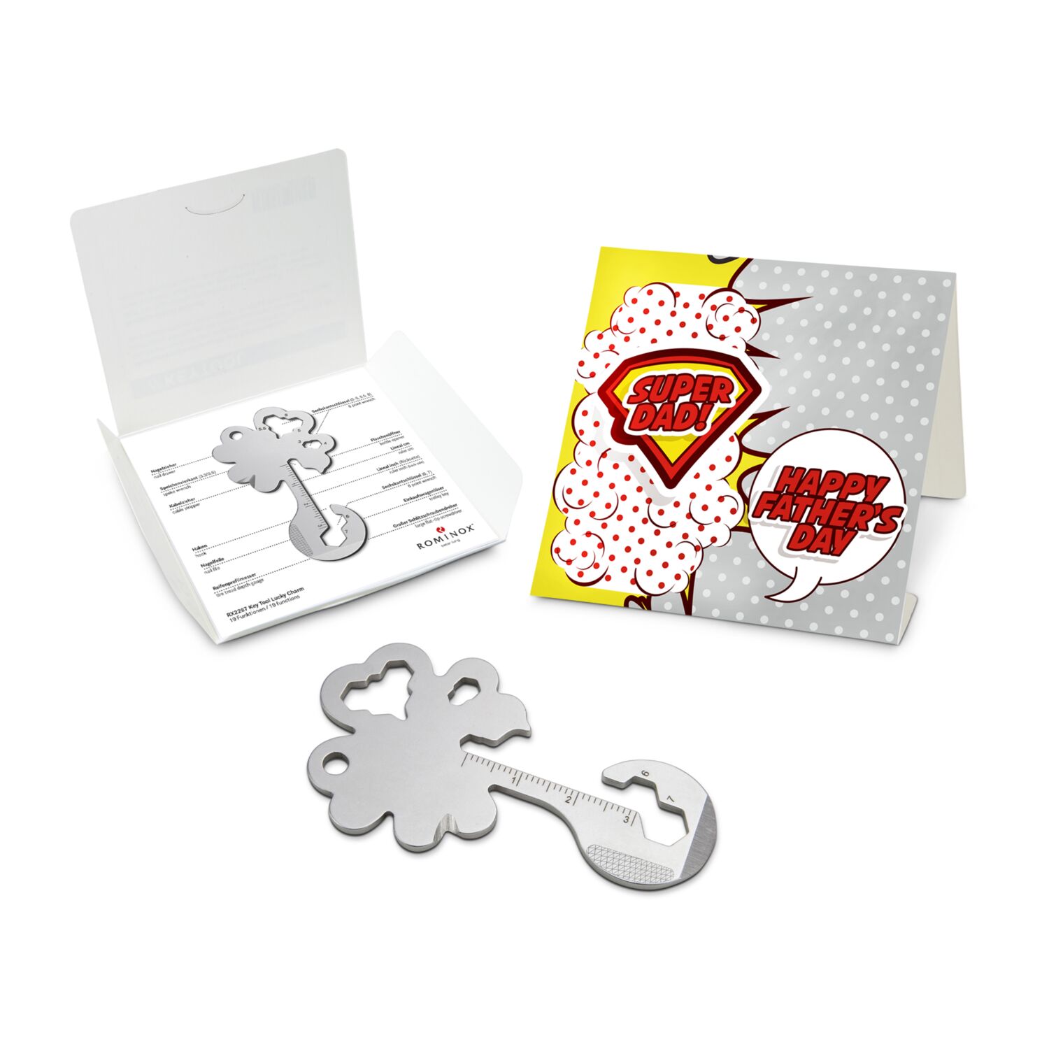 Geschenkartikel: ROMINOX® Key Tool Lucky Charm / Kleeblatt Glücksbringer (19 Funktionen) im Motiv-Mäppchen Super Dad