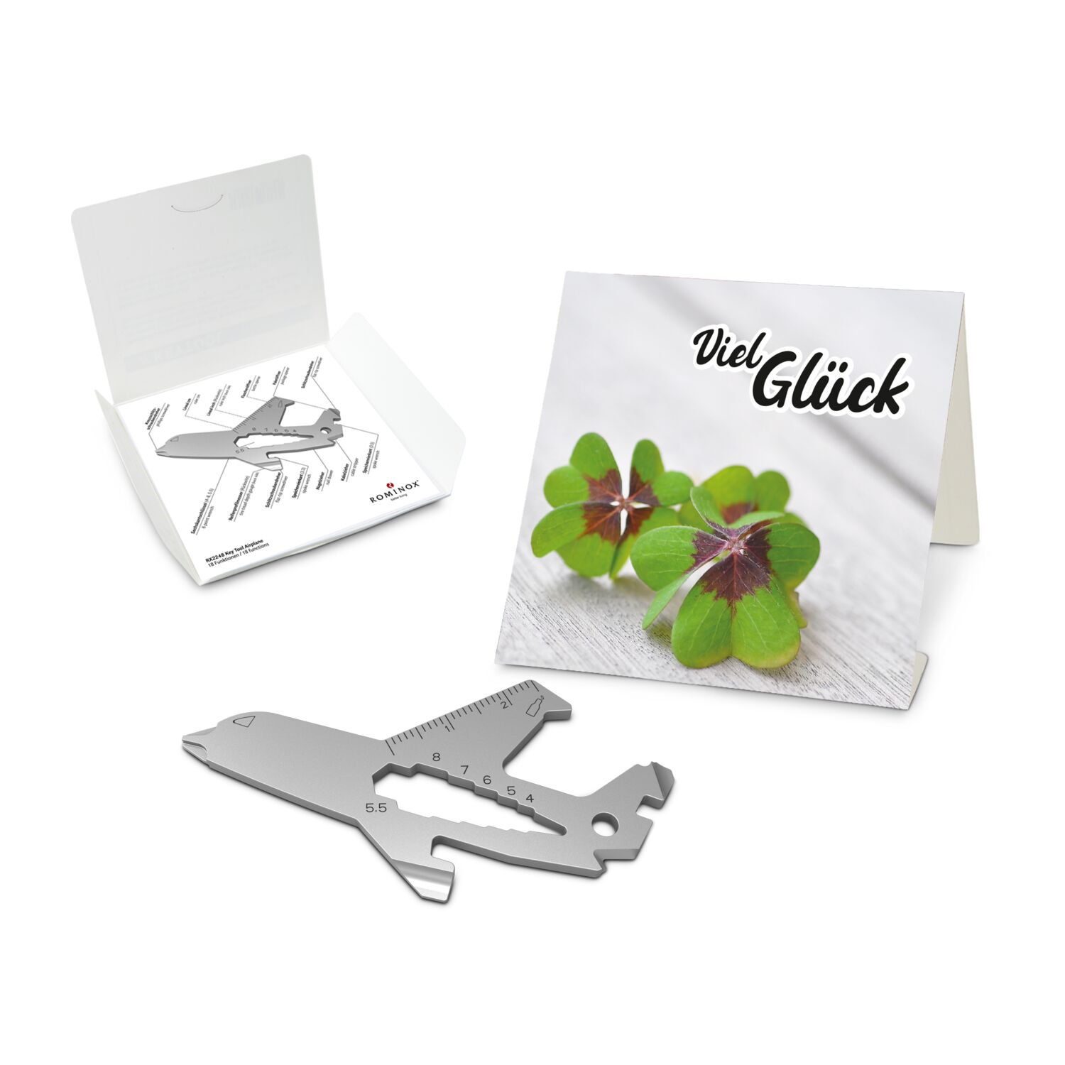 Geschenkartikel: ROMINOX® Key Tool Airplane / Flugzeug (19 Funktionen) im Motiv-Mäppchen Viel Glück