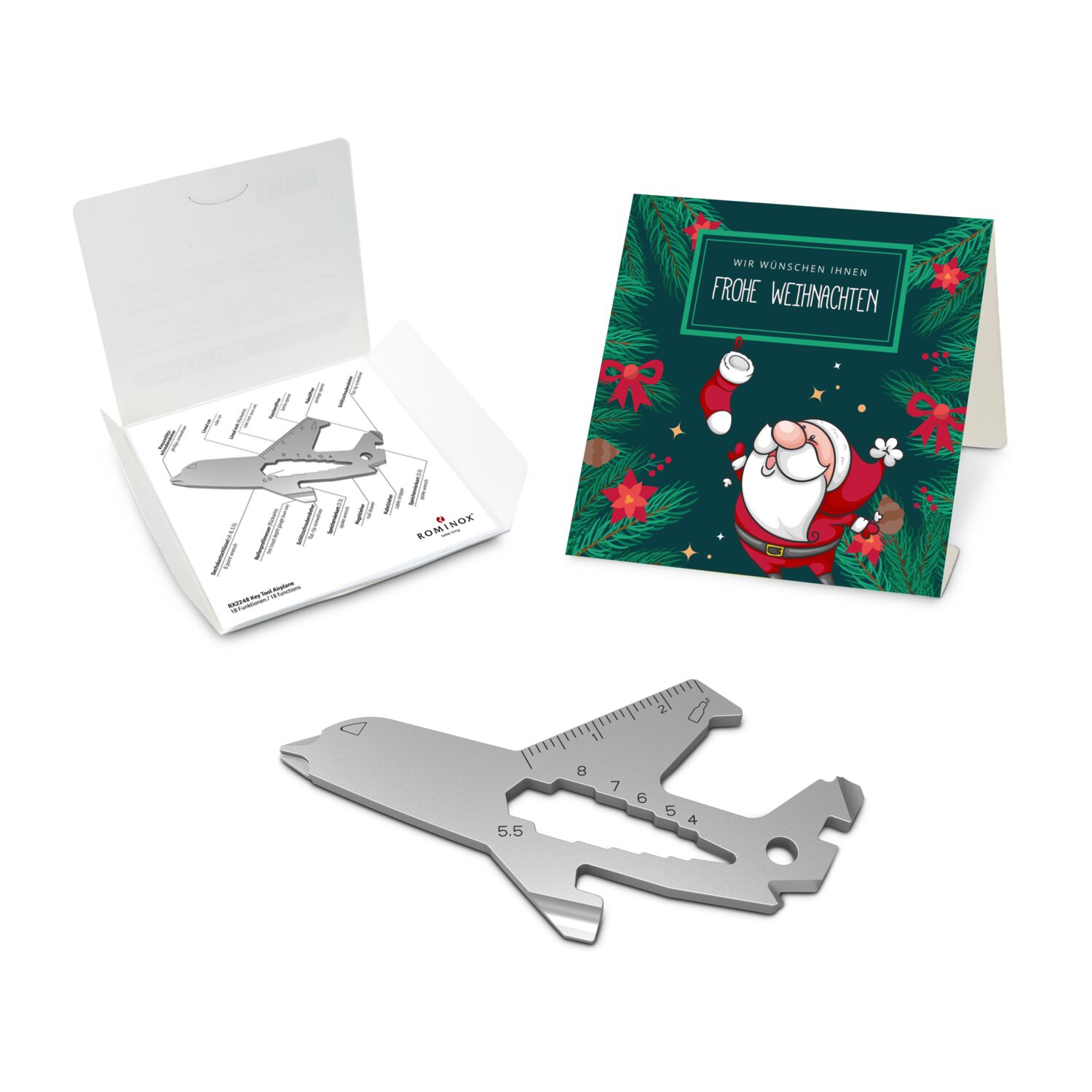 Geschenkartikel: ROMINOX® Key Tool Airplane / Flugzeug (19 Funktionen) im Motiv-Mäppchen Frohe Weihnachten